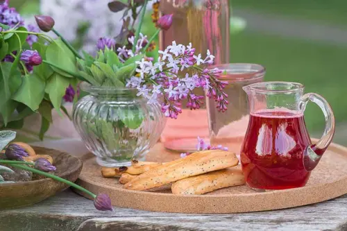 Erdbeersirup auf einem Gartentisch [Foto: AdobeStock_nadyachertkova]