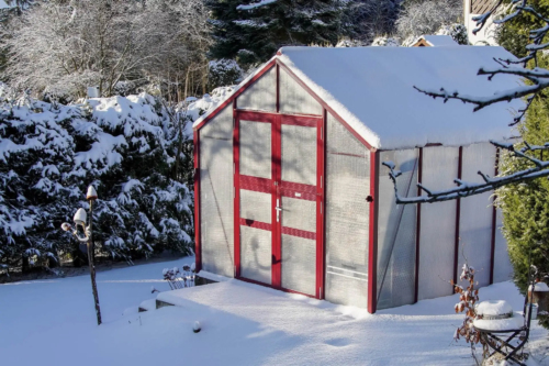 Schneebedecktes und isoliertes Gewächshaus steht im verschneiten Garten