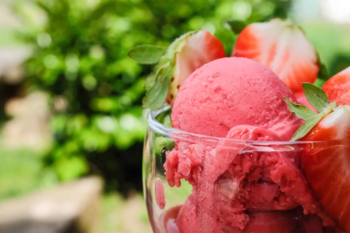 Erdbeereis in einer Glasschale mit frischen Erdbeeren [Foto: AdobeStock_S-Motive]