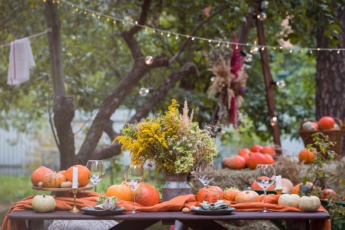 Kuerbisdeko im Garten auf einem Tisch bei einem Fest [Foto: AdobeStock_Ekaterina Senyutina]