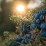 Ast des Wacholders mit vielen blauen Beerenzapfen im Gegenlicht der tiefstehenden Sonne.