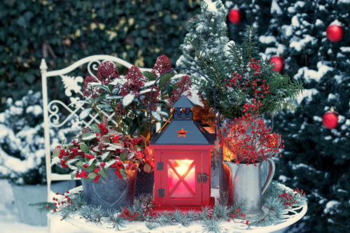 Vintage-Weihnachtsdekoration mit roter Laterne und Winterpflanzen in Zinktöpfen auf einem weißen Tisch, im Hintergrund ein weißter Stuhl und eine mit roten Kugeln geschmückte, schneebedeckte Hecke