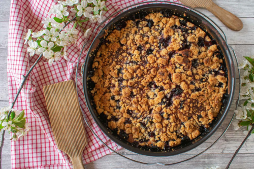 Kirschkuchen in Springform auf einem karierten Tuch [Foto: AdobeStock_Angelika Heine]